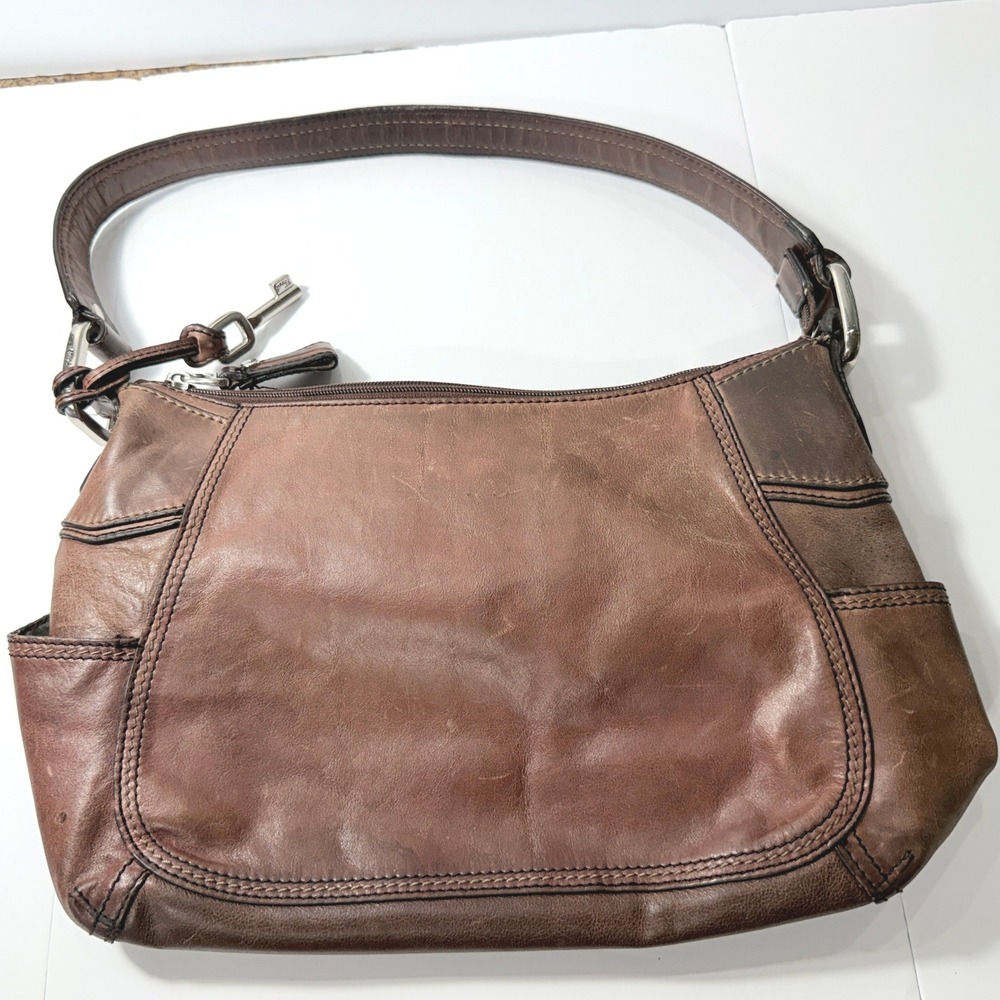 Fossil Brown Leather Shoulder Bag Hobo Purse with Key Charm Vintage Style